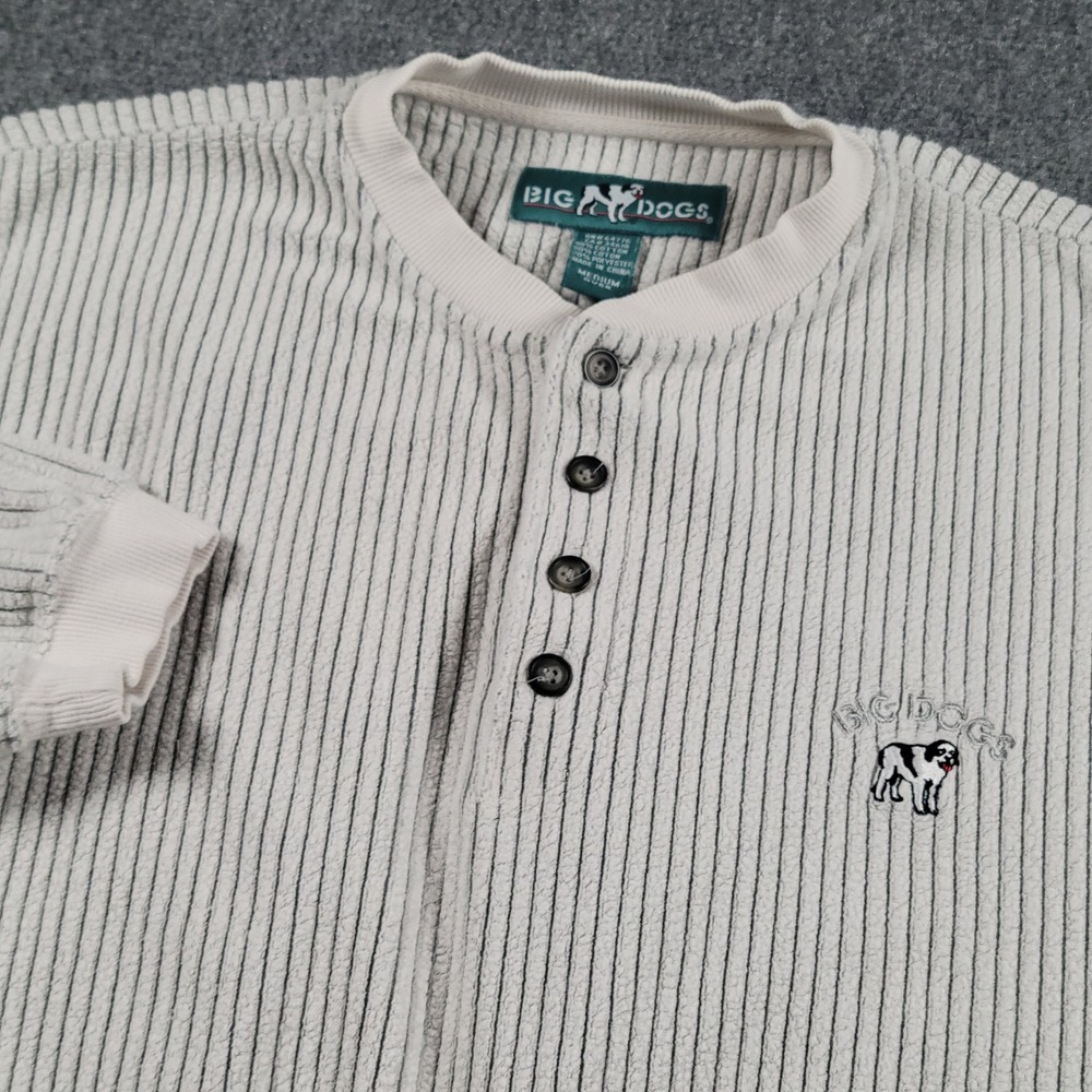 Big Dogs Henley Shirt Mens Medium Cream Ribbed Pullover Long Sleeve Logo